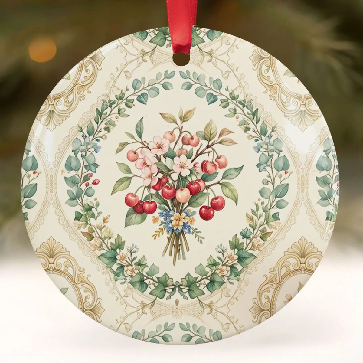 Cherry Ceramic Plate Vintage Christmas Ornament | Grandmillennial Holiday Decor