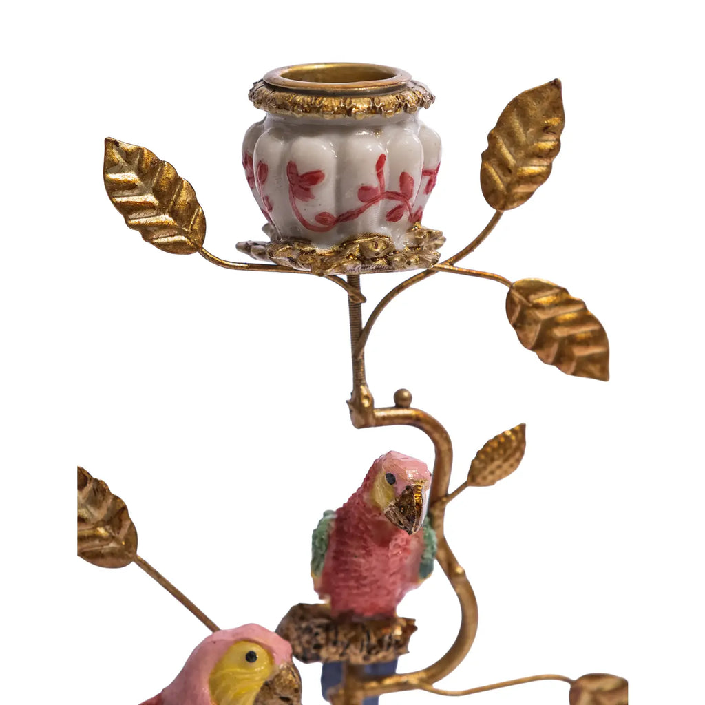 Pink & Gold Parrot Branch Candlestick | Grandmillennial Chinoiserie Decor