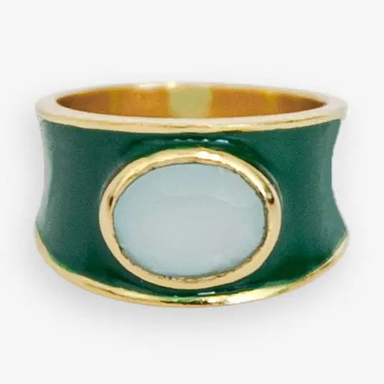 Handmade Hazel Oval Stone with Enamel Band Ring Green/Light Blue Size 8