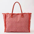 Gingham Terry Cloth Tote Bag with Frayed Fringe