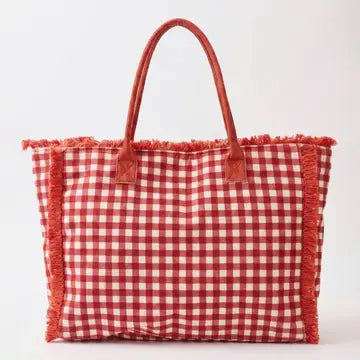 Gingham Terry Cloth Tote Bag with Frayed Fringe