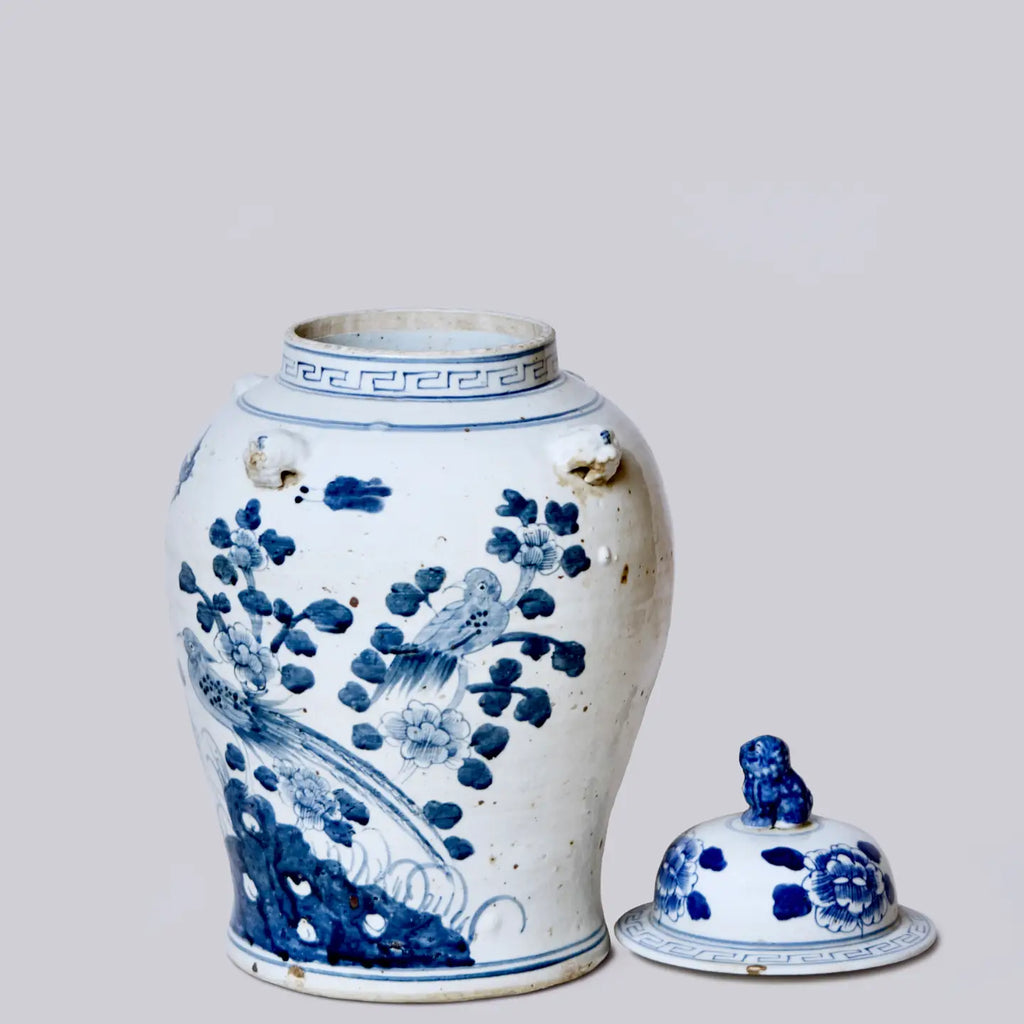 Birds & Flowers Blue & White Porcelain Temple Jar