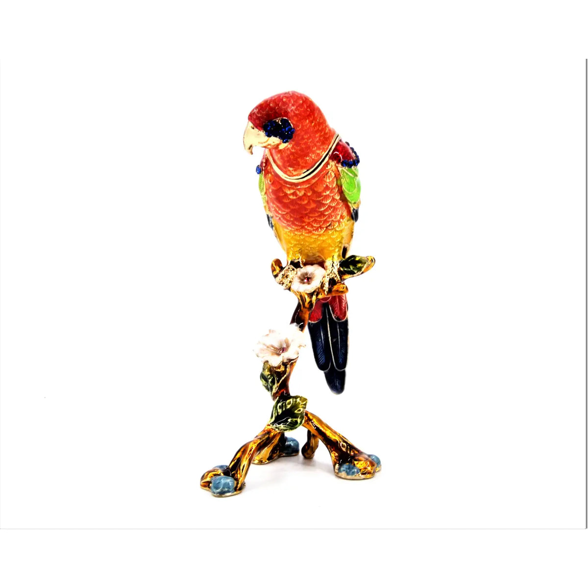 Hand-Painted Enamel Parrot on Branch Trinket Box | Palm Beach Home Decor