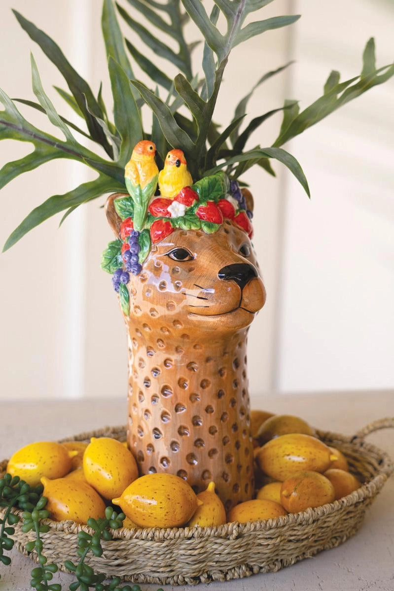 Tropical Ceramic Cheetah Head Vase | Palm Beach Home Decor