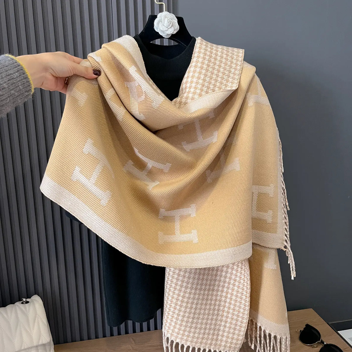 Reversible Brown & Tan Equestrian & Houndstooth Wrap | Designer Wrap
