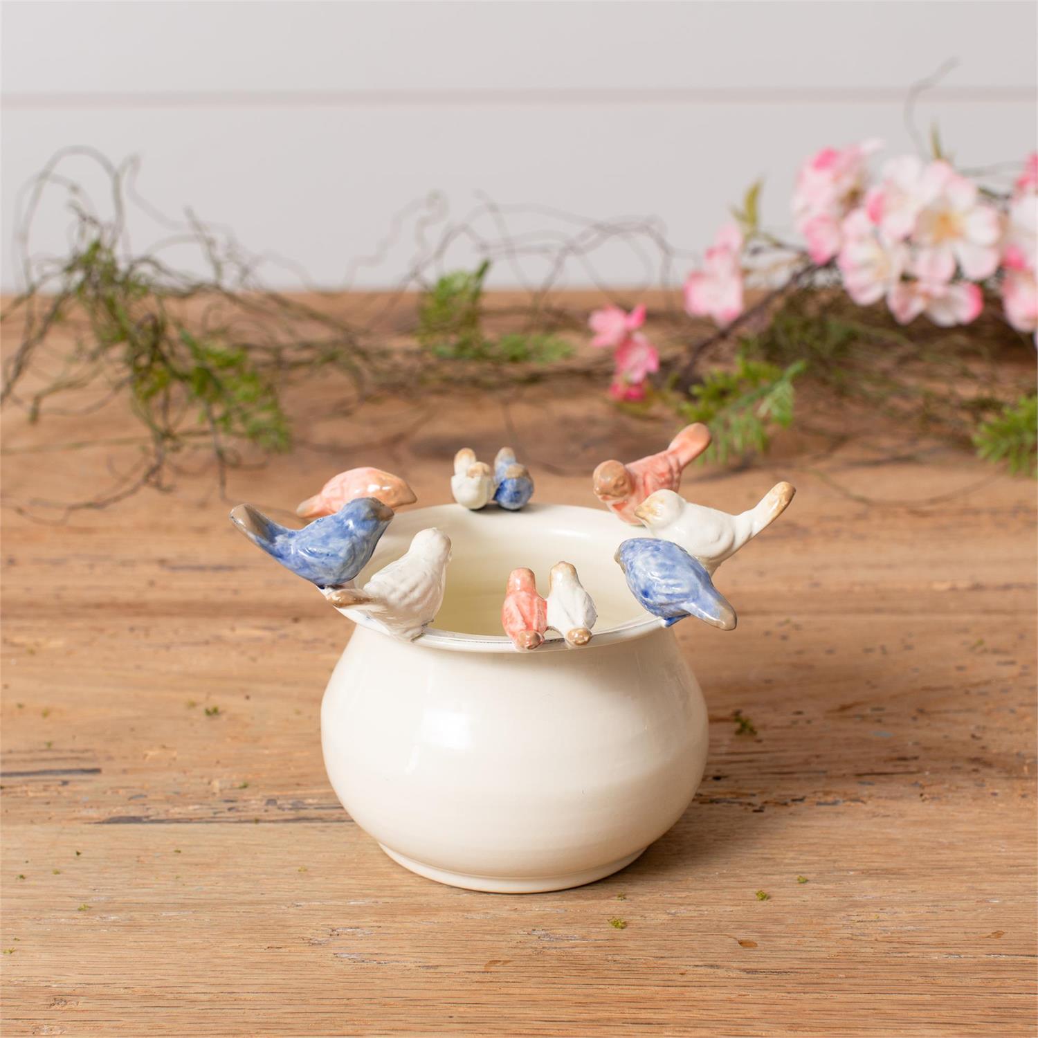 Whimsical Enamel Pot with Birds on Rim