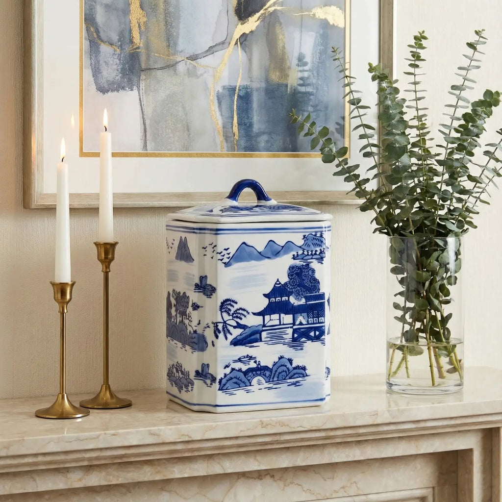 Blue & White Chinoiserie Ceramic Lidded Jar