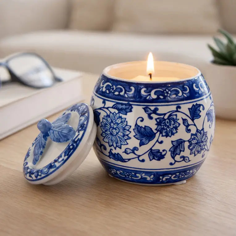 Blue & White Chinoiserie Ceramic Jar Candle | Peony Scented Soy Wax