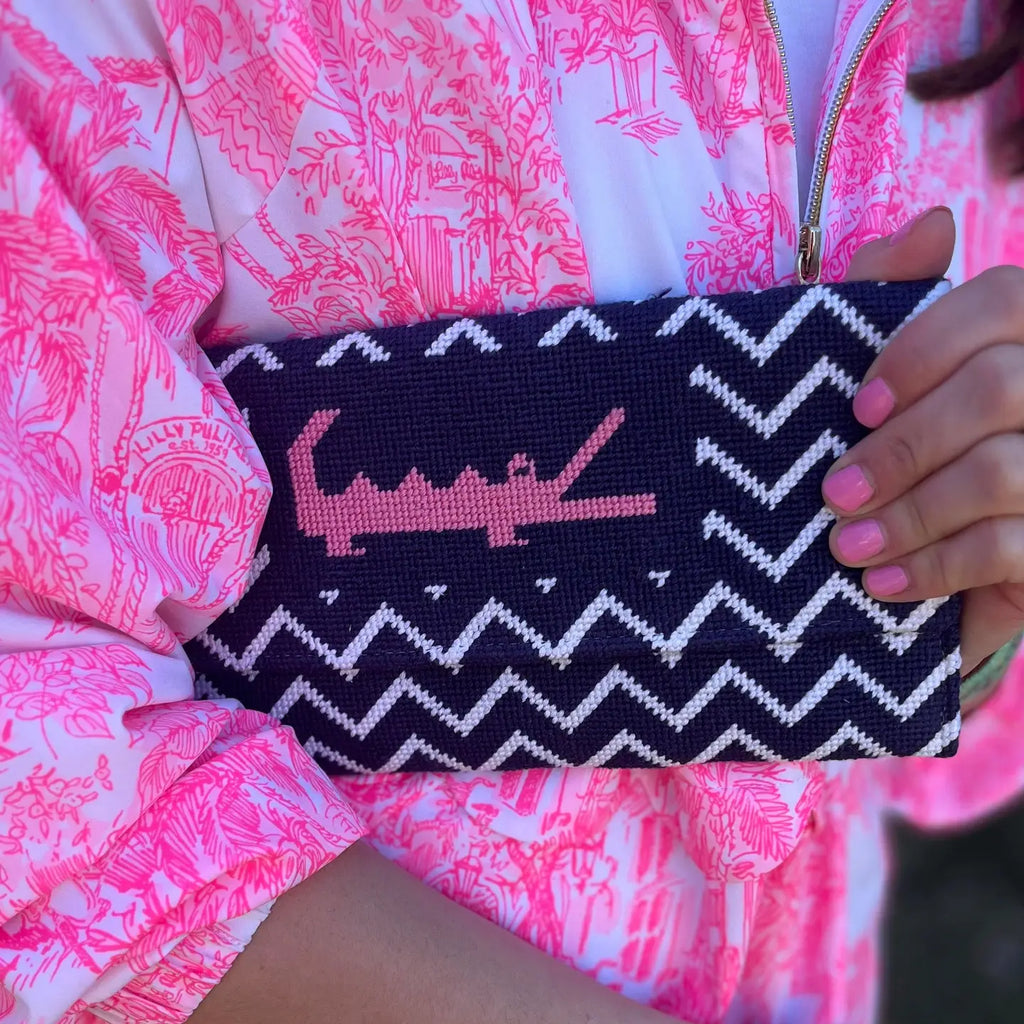 Needlepoint Alligator Clutch | Grandmillennial Statement Bag