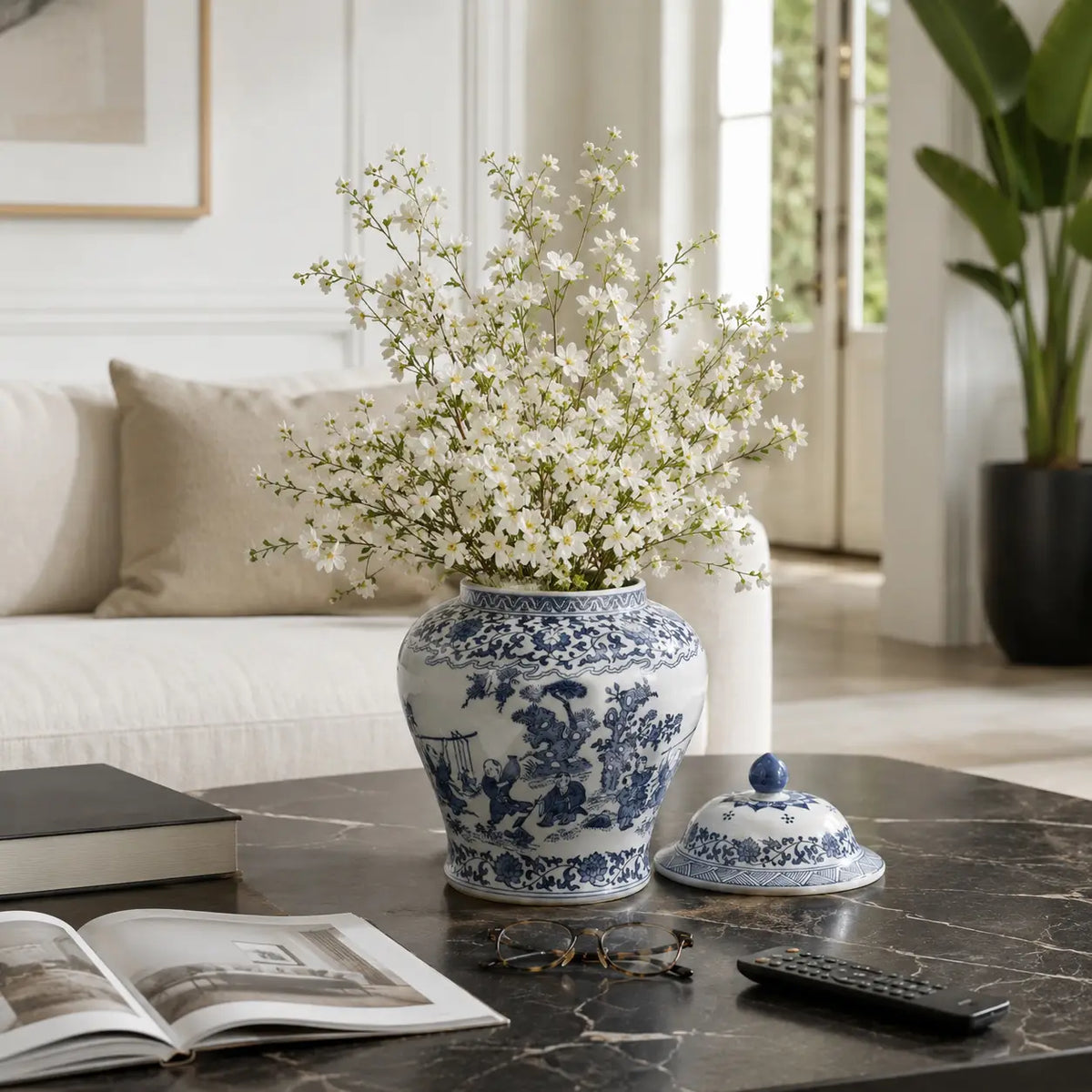 15" Chinoiserie Blue Ceramic Blossoms Temple Jar | Blue & White Decor