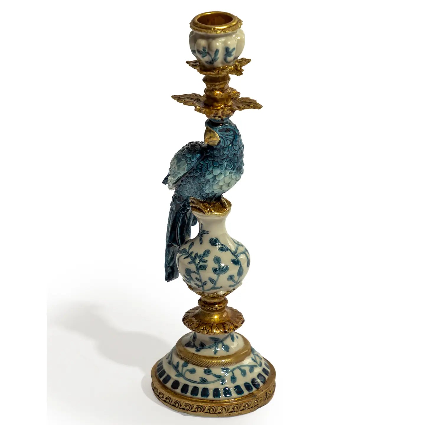 Antiqued Ornate Blue & White Parrot Candlestick | Elegant Chinoiserie Home Decor