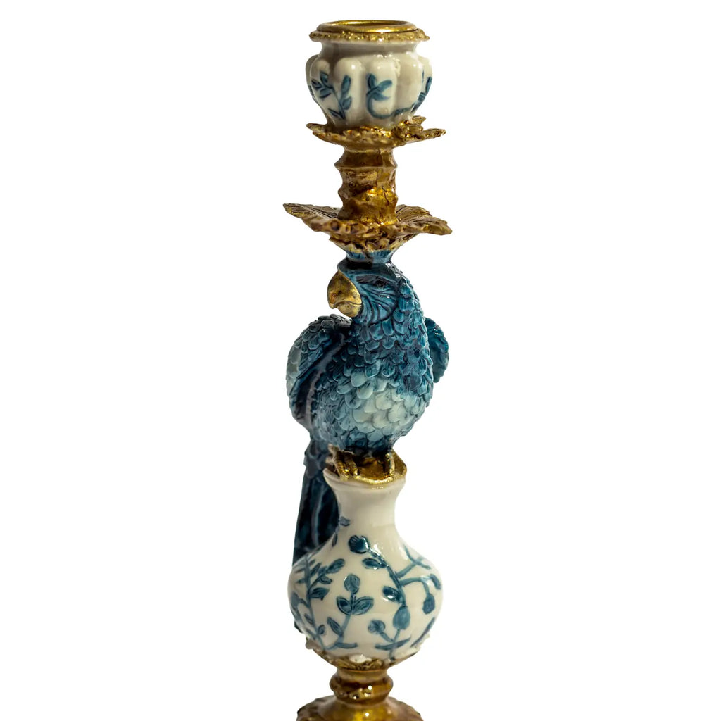 Antiqued Ornate Blue & White Parrot Candlestick | Elegant Chinoiserie Home Decor