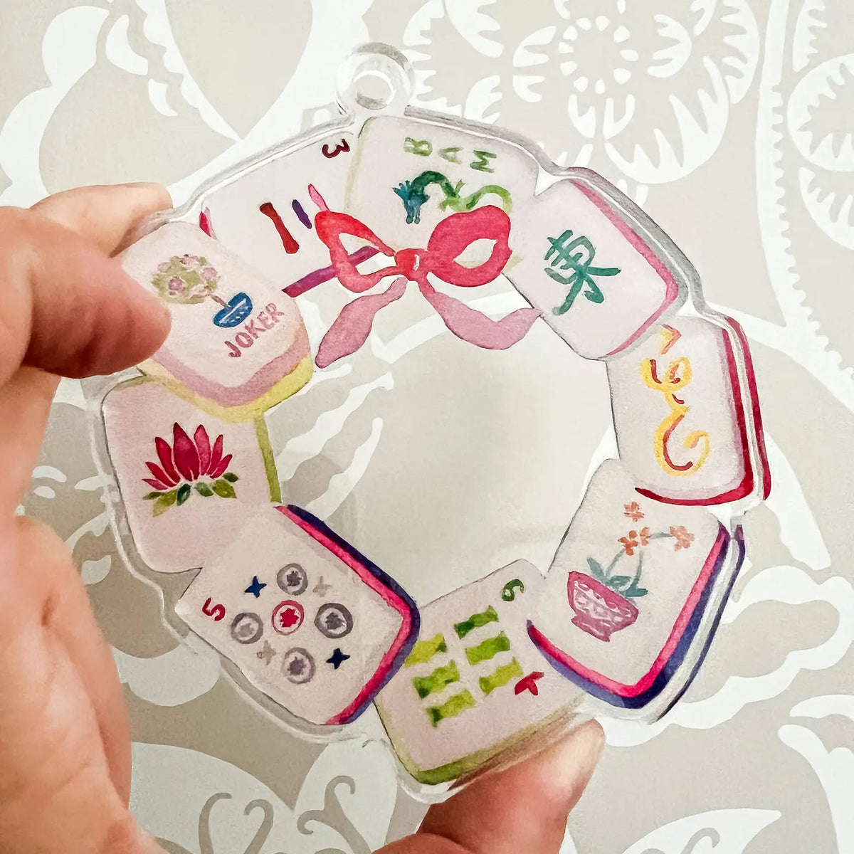 Mahjong Tile Wreath Watercolor Acrylic Ornament | Unique Mahjong Acrylic Ornament