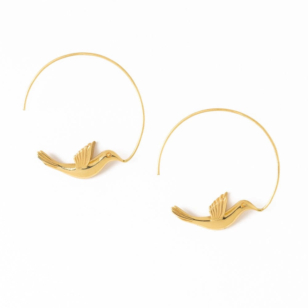 Wren Bird Hoop Earrings in Brass