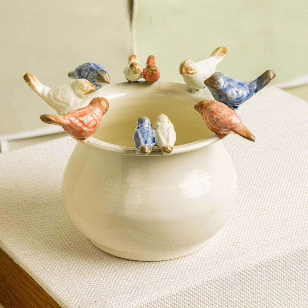 Whimsical Enamel Pot with Birds on Rim