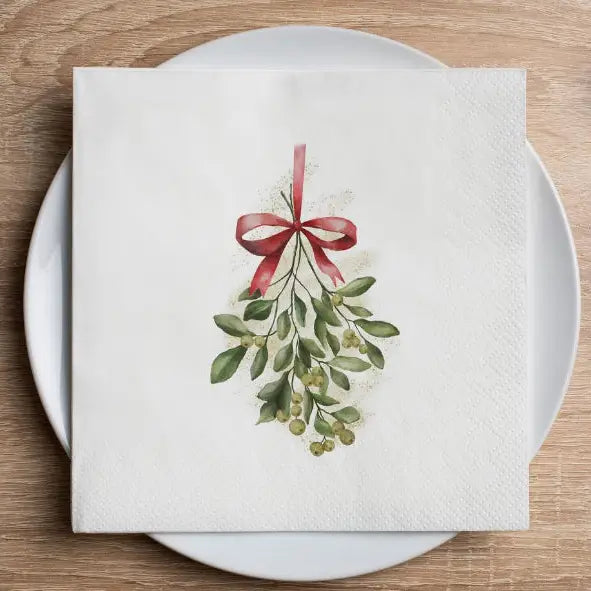 Mistletoe Printed Cocktail Napkins | Beautiful Christmas Cocktail Napkins