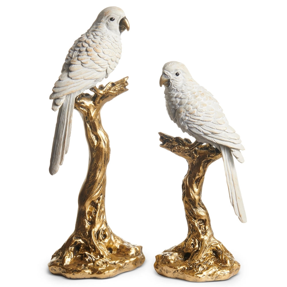 Pair of White Parrot Figurines on Gold Branch | 13-inch Decorative Resin Sculptures