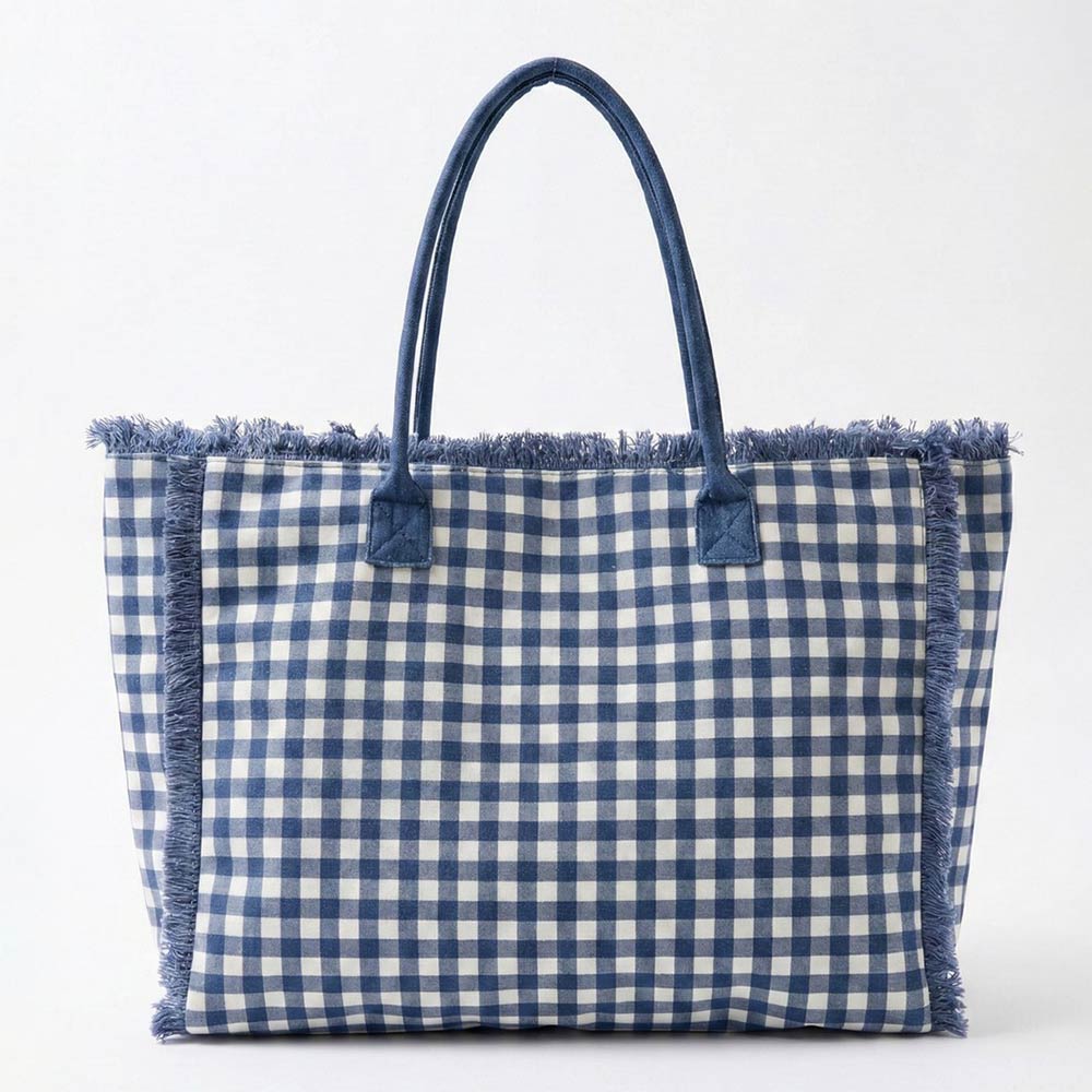 Gingham Terry Cloth Tote Bag with Frayed Fringe