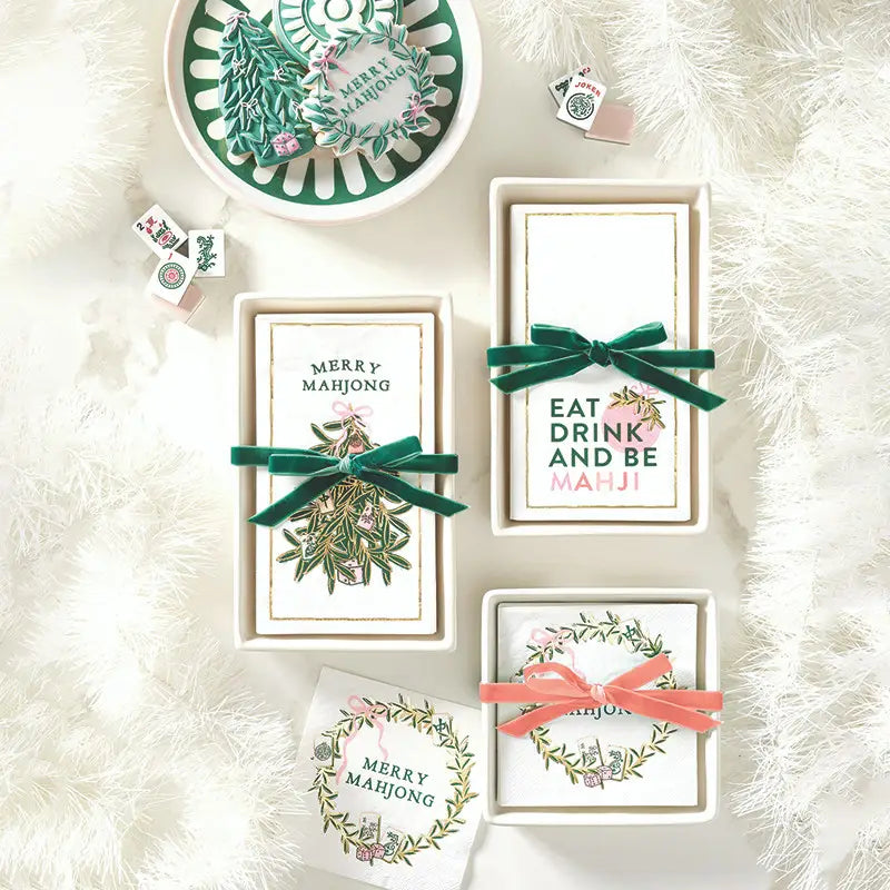 Merry Mahjong Cocktail Napkin & Ceramic Tray Set | Luxury Mahjong Paper Cocktail Napkins