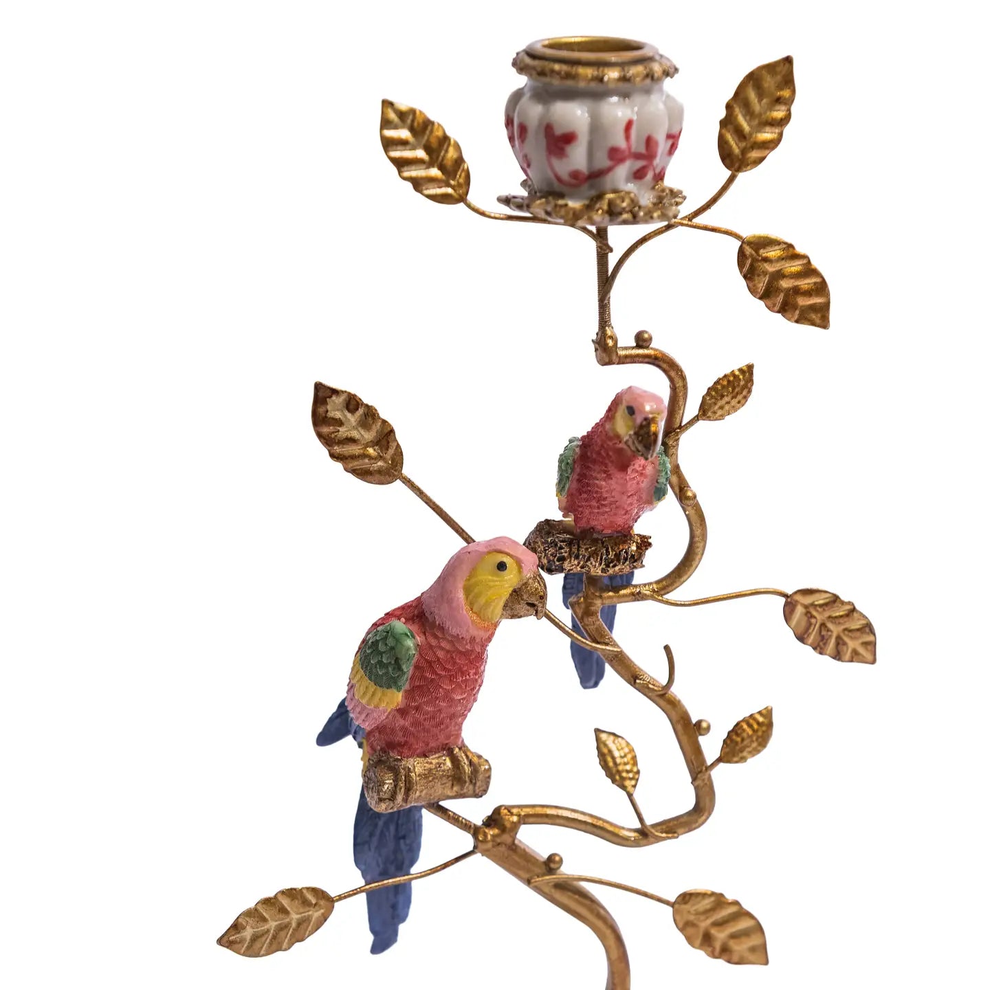 Pink & Gold Parrot Branch Candlestick | Grandmillennial Chinoiserie Decor