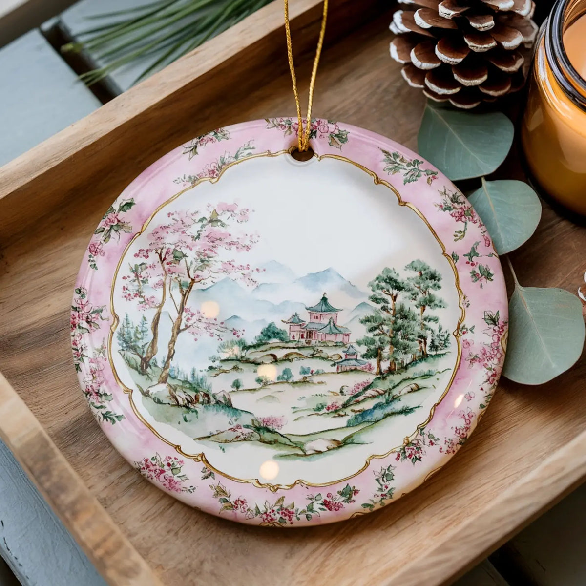 Pink Vintage Chinoiserie Holiday China Plate Ornament | Chinoiserie Ornaments