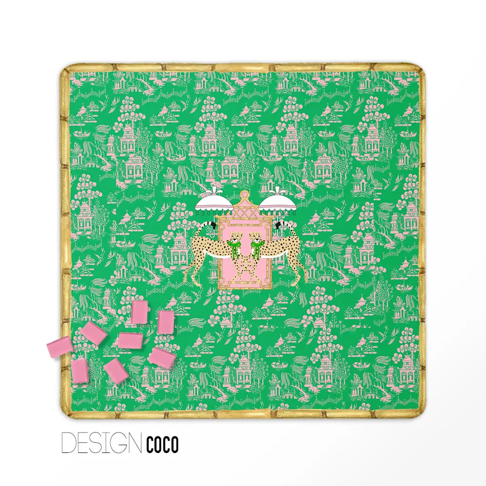 Preppy Chinoiserie Bamboo Cheetah Mahjong Mat | Chic Game Decor - PREORDER
