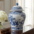 15" Chinoiserie Blue Ceramic Blossoms Temple Jar | Blue & White Decor