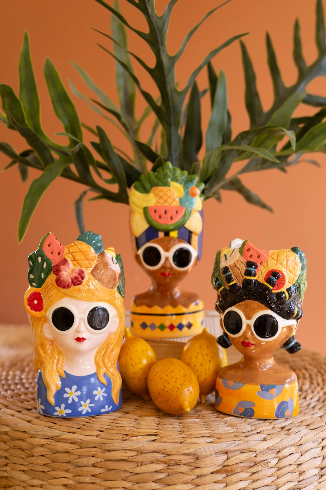 Ceramic Lady Vase with Mixed Fruit Hat | Palm Beach Home Decor