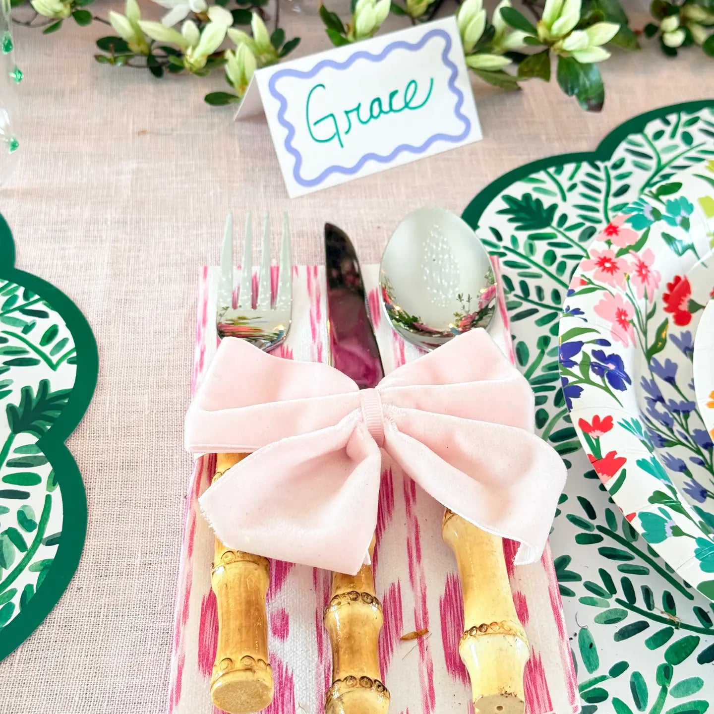 Pink Ikat Linen-Feel Paper Guest Napkins | Preppy Table Decor